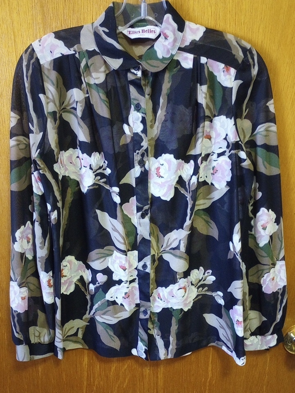 'Elles Belles Sheer Floral Vintage Blouse w/ Collar. Black Pink Green Tan Gray